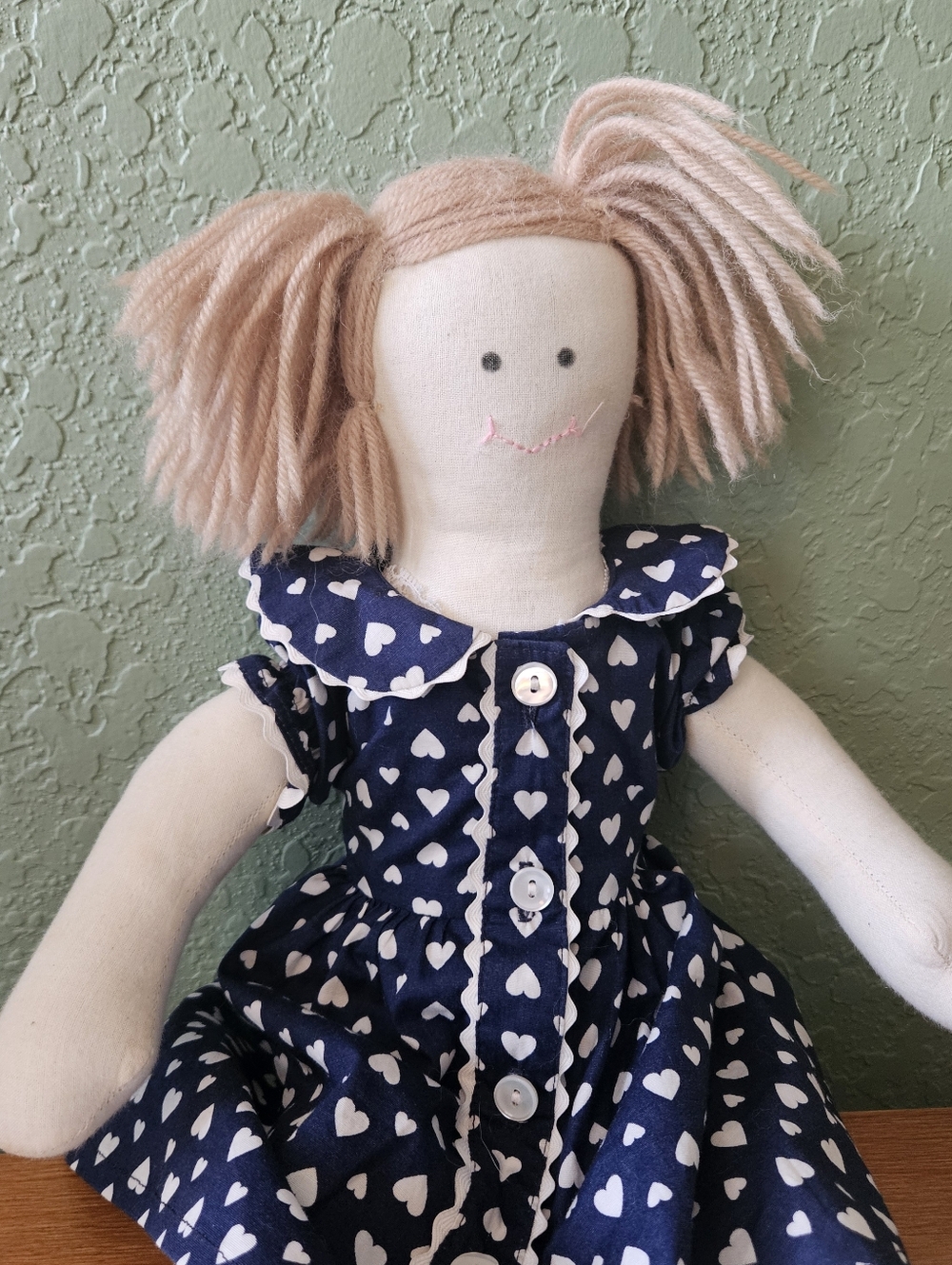 Caucasian Girl Yarn Doll w Blue Heart Dress